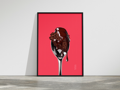 Hauptansicht des Motivs mit Mousse au Chocolat, Löffel, Schokoladenüberzug und pink-korallfarbenem Hintergrund.