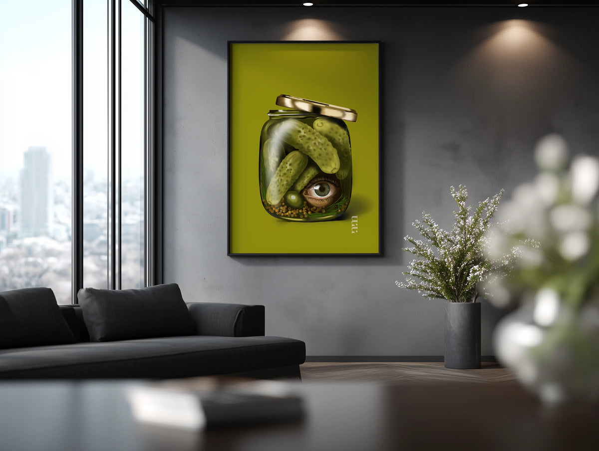 In A Pickle von Nia Moody Atelier als limitierter surrealer Kunstdruck in einem modernen Wohnzimmer.