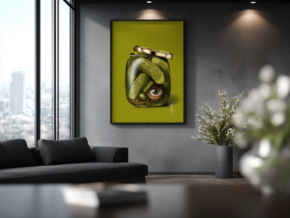 In A Pickle von Nia Moody Atelier als limitierter surrealer Kunstdruck in einem modernen Wohnzimmer.