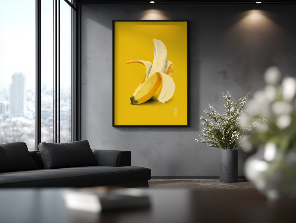 Soft Opening von Nia Moody Atelier als limitierter gelber Kunstdruck in einem modernen Wohnzimmer.
