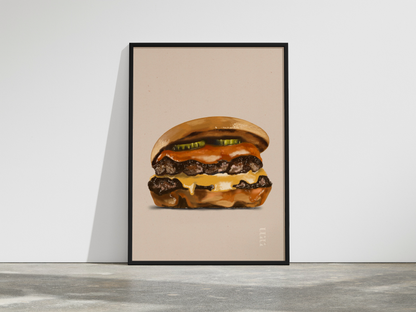 Double Trouble: Üppig geschichteter Burger mit glänzender Sauce, geschmolzenem Käse und Pickles vor cremefarbenem Hintergrund – digitale Food-Illustration von Nia Moody Atelier aus Köln.