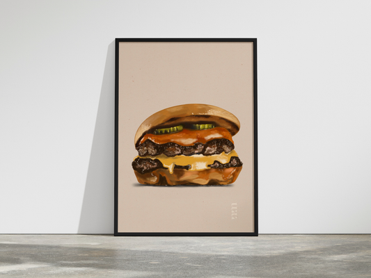Double Trouble: Üppig geschichteter Burger mit glänzender Sauce, geschmolzenem Käse und Pickles vor cremefarbenem Hintergrund – digitale Food-Illustration von Nia Moody Atelier aus Köln.